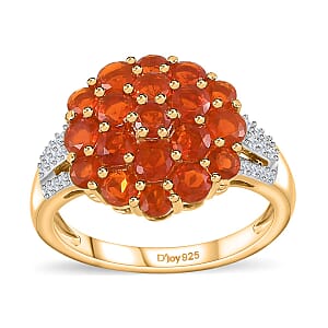 Crimson Fire Opal and White Zircon 1.50 ctw Floral Ring in Vermeil Yellow Gold Over Sterling Silver (Size 7.0)