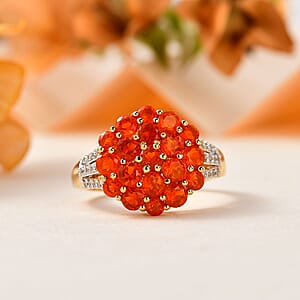 Crimson Fire Opal and White Zircon 1.50 ctw Floral Ring in Vermeil Yellow Gold Over Sterling Silver (Size 7.0)