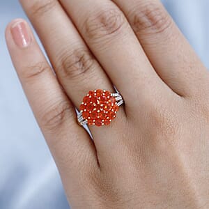 Crimson Fire Opal and White Zircon 1.50 ctw Floral Ring in Vermeil Yellow Gold Over Sterling Silver (Size 7.0)