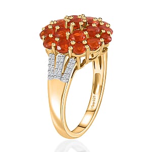 Crimson Fire Opal and White Zircon 1.50 ctw Floral Ring in Vermeil Yellow Gold Over Sterling Silver (Size 7.0)