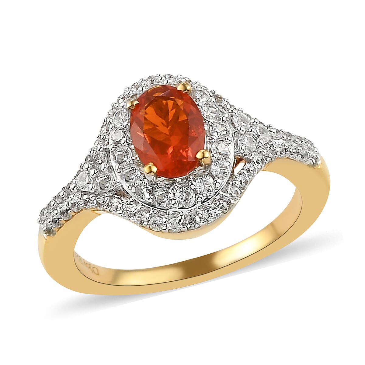 Mexican Fire Opal and Natural White Zircon Cocktail Ring in Vermeil Yellow Gold Over Sterling Silver (Size 10.0) 1.25 ctw