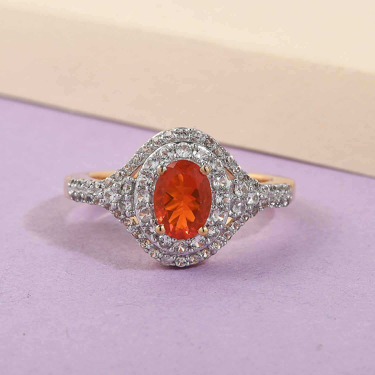 Mexican Fire Opal and Natural White Zircon Cocktail Ring in Vermeil Yellow Gold Over Sterling Silver (Size 10.0) 1.25 ctw
