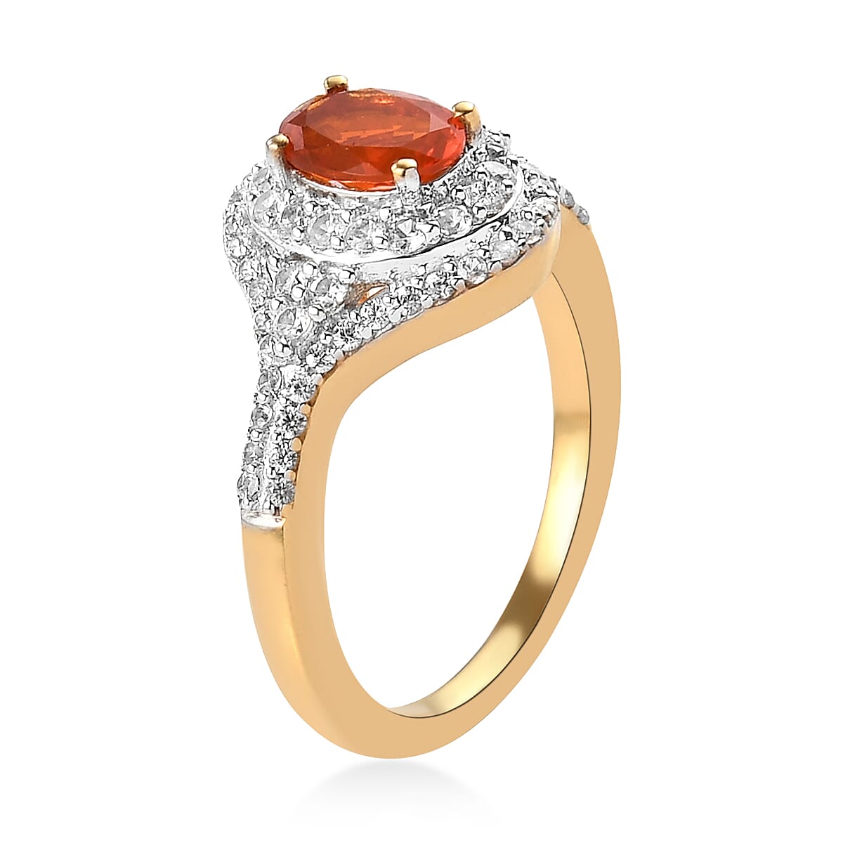 Mexican Fire Opal and Natural White Zircon Cocktail Ring in Vermeil Yellow Gold Over Sterling Silver (Size 10.0) 1.25 ctw