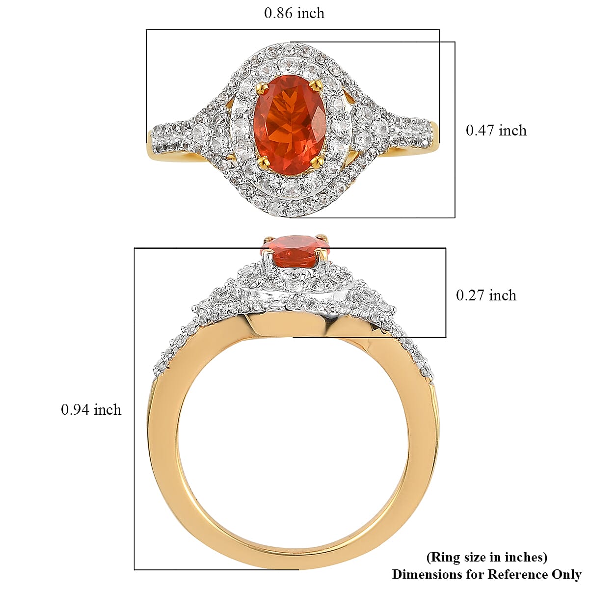 Mexican Fire Opal and Natural White Zircon Cocktail Ring in Vermeil Yellow Gold Over Sterling Silver (Size 10.0) 1.25 ctw
