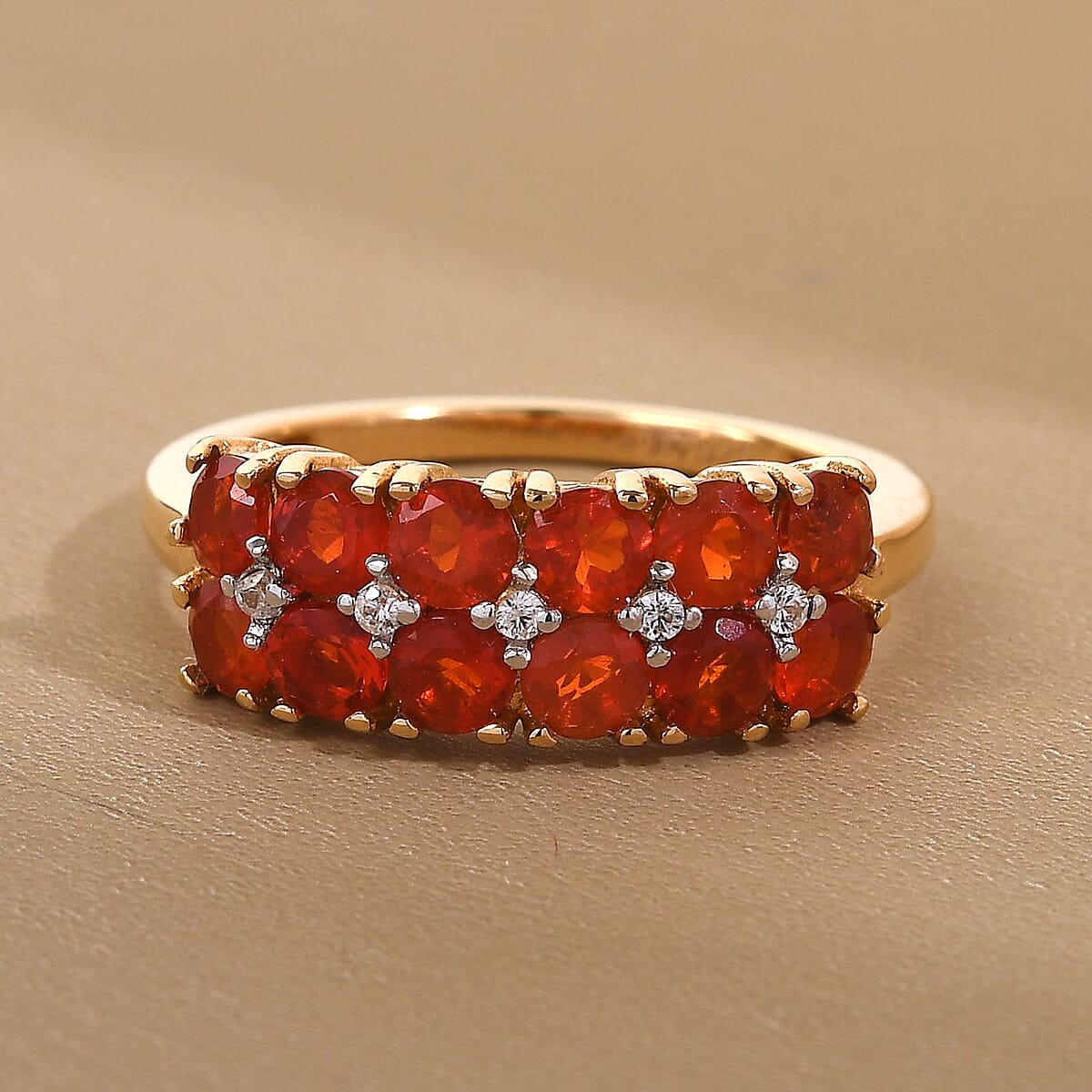 Mexican Fire Opal and Natural White Zircon Ring in Vermeil Yellow Gold Over Sterling Silver (Size 9.0) 1.00 ctw image number 1