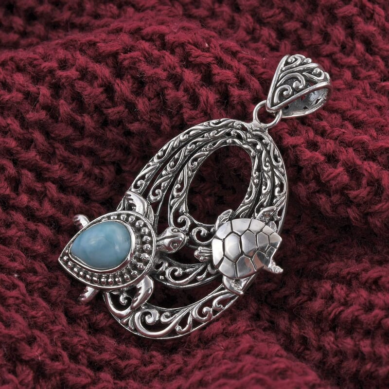 Bali Legacy Larimar 2.25 ctw Turtle Pendant in Sterling Silver