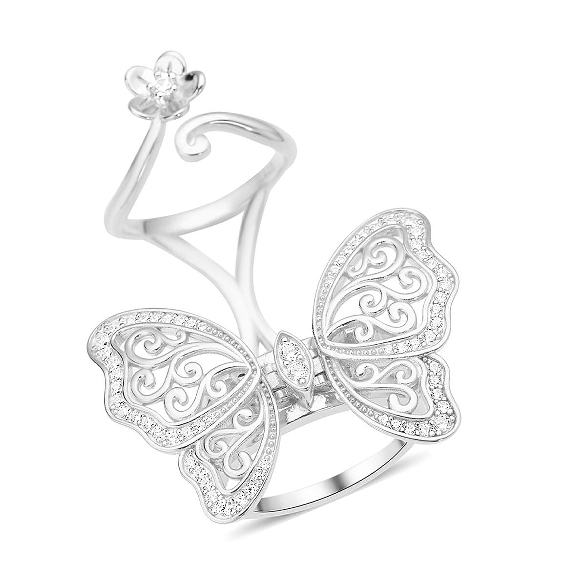Simulated Diamond Moving Wings Butterfly Ring in Rhodium Over Sterling Silver (Size 10.0) 10.50 Grams 0.75 ctw