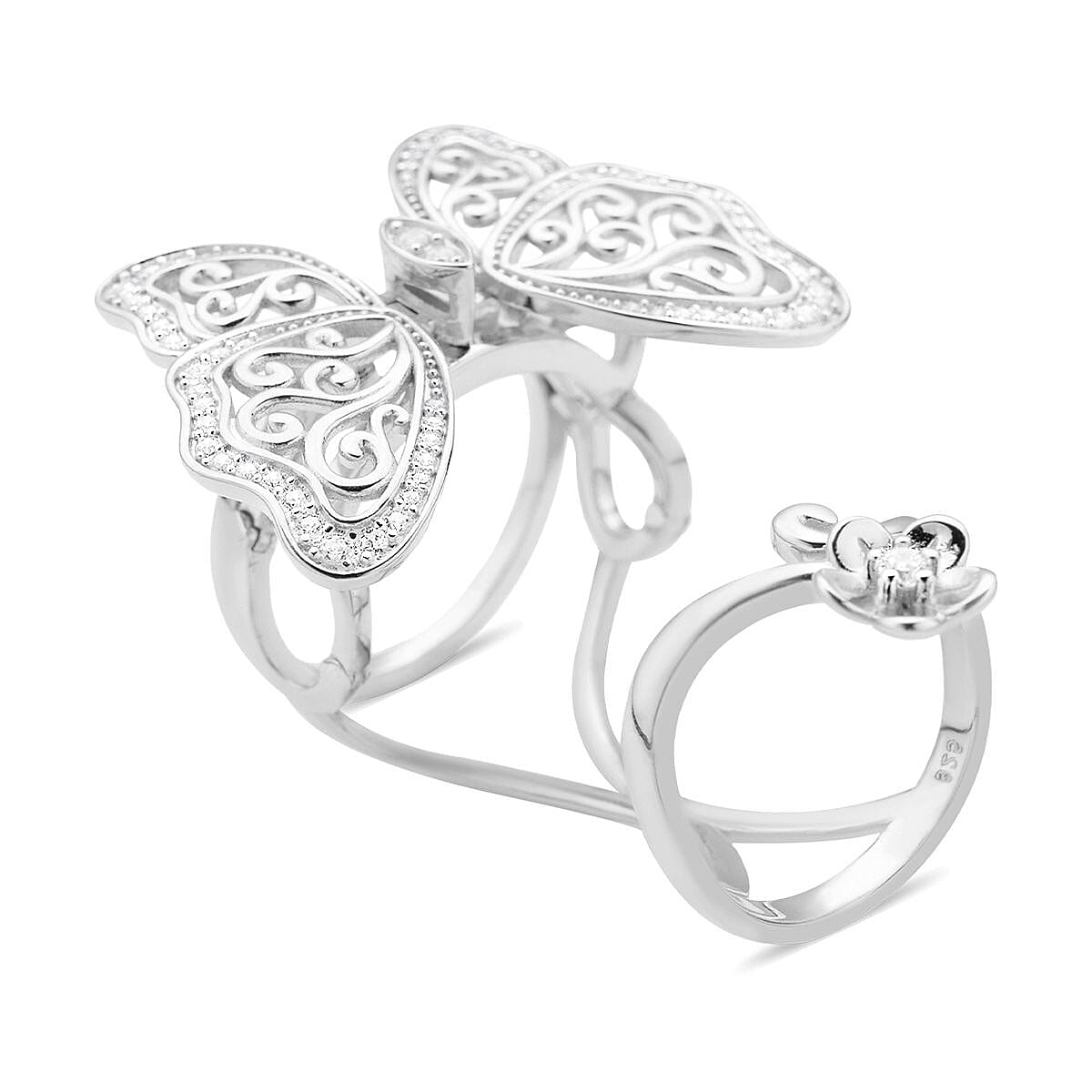 Simulated Diamond Moving Wings Butterfly Ring in Rhodium Over Sterling Silver (Size 10.0) 10.50 Grams 0.75 ctw