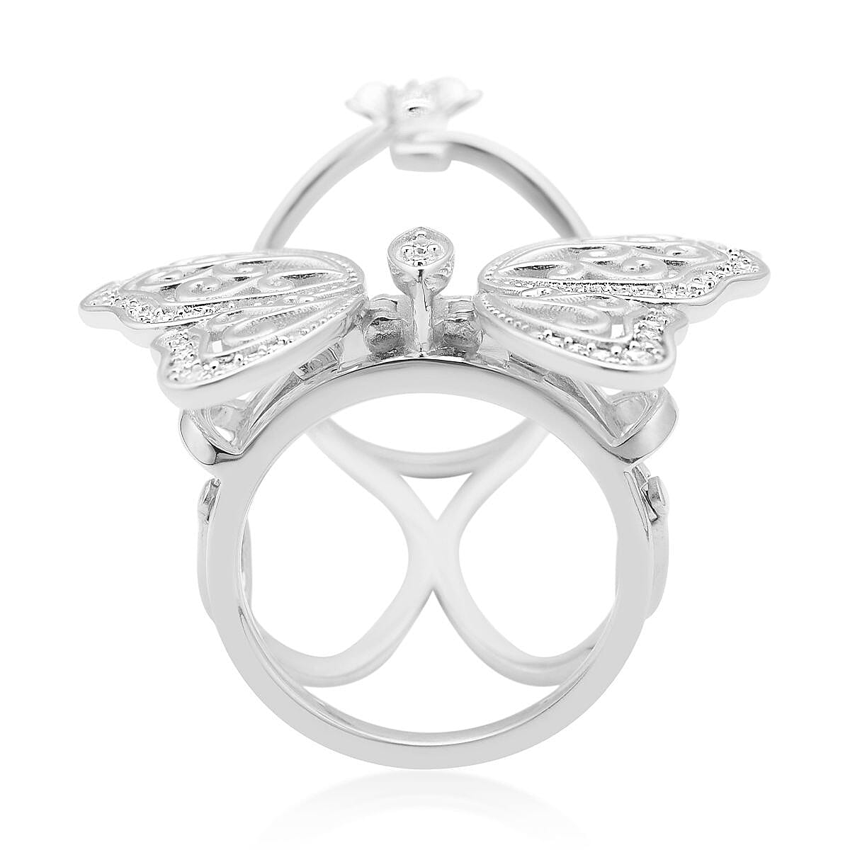Simulated Diamond Moving Wings Butterfly Ring in Rhodium Over Sterling Silver (Size 5.0) 10.50 Grams 0.75 ctw image number 3