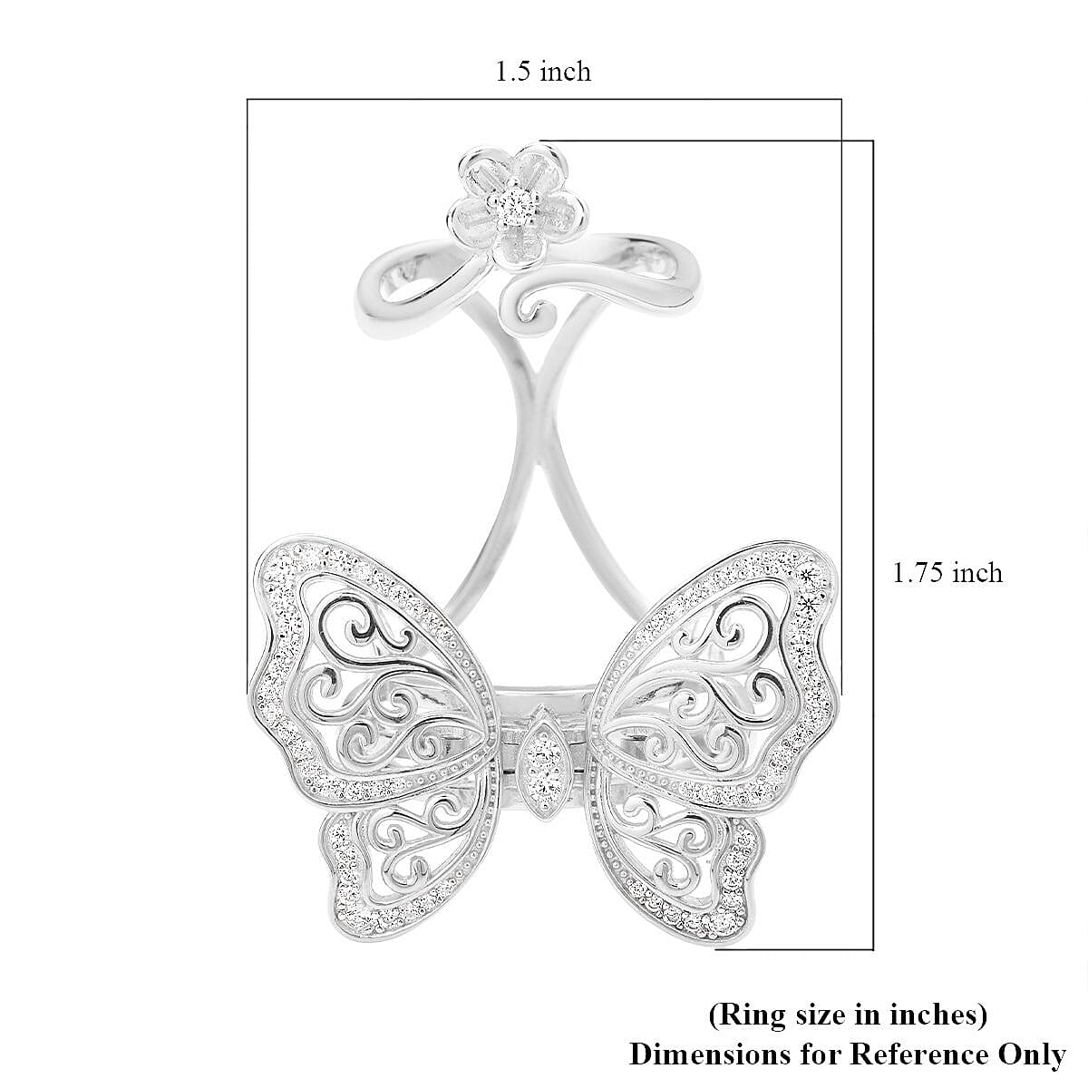 Simulated Diamond Moving Wings Butterfly Ring in Rhodium Over Sterling Silver (Size 8.0) 0.75 ctw image number 4