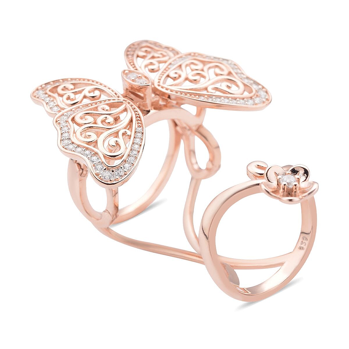 Simulated Diamond Moving Wings Butterfly Ring in 14K Rose Gold Over Sterling Silver (Size 5.0) 10.50 Grams 0.75 ctw image number 2