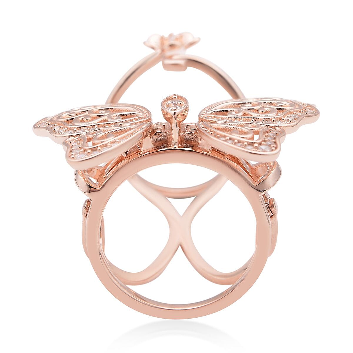Simulated Diamond Moving Wings Butterfly Ring in 14K Rose Gold Over Sterling Silver (Size 6.0) 10.50 Grams 0.75 ctw image number 3