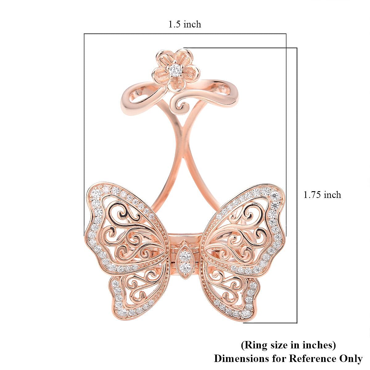 Simulated Diamond Moving Wings Butterfly Ring in 14K Rose Gold Over Sterling Silver (Size 6.0) 10.50 Grams 0.75 ctw image number 4