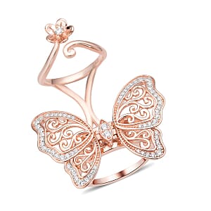 Simulated Diamond Moving Wings Butterfly Ring in 14K Rose Gold Over Sterling Silver (Size 7.0) 10.50 Grams 0.75 ctw