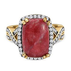 Norwegian Thulite and White Zircon  8.95 ctw Ring in 14K YG Over Sterling Silver (Size 10)