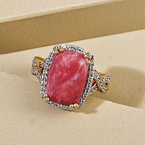 Norwegian Thulite and White Zircon  8.95 ctw Ring in 14K YG Over Sterling Silver (Size 10)