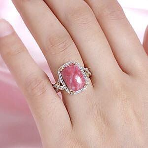 Norwegian Thulite and White Zircon  8.95 ctw Ring in 14K YG Over Sterling Silver (Size 10)
