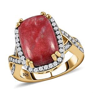 Norwegian Thulite and White Zircon  8.95 ctw Ring in 14K YG Over Sterling Silver (Size 10)