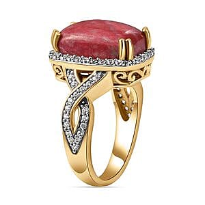 Norwegian Thulite and White Zircon  8.95 ctw Ring in 14K YG Over Sterling Silver (Size 10)