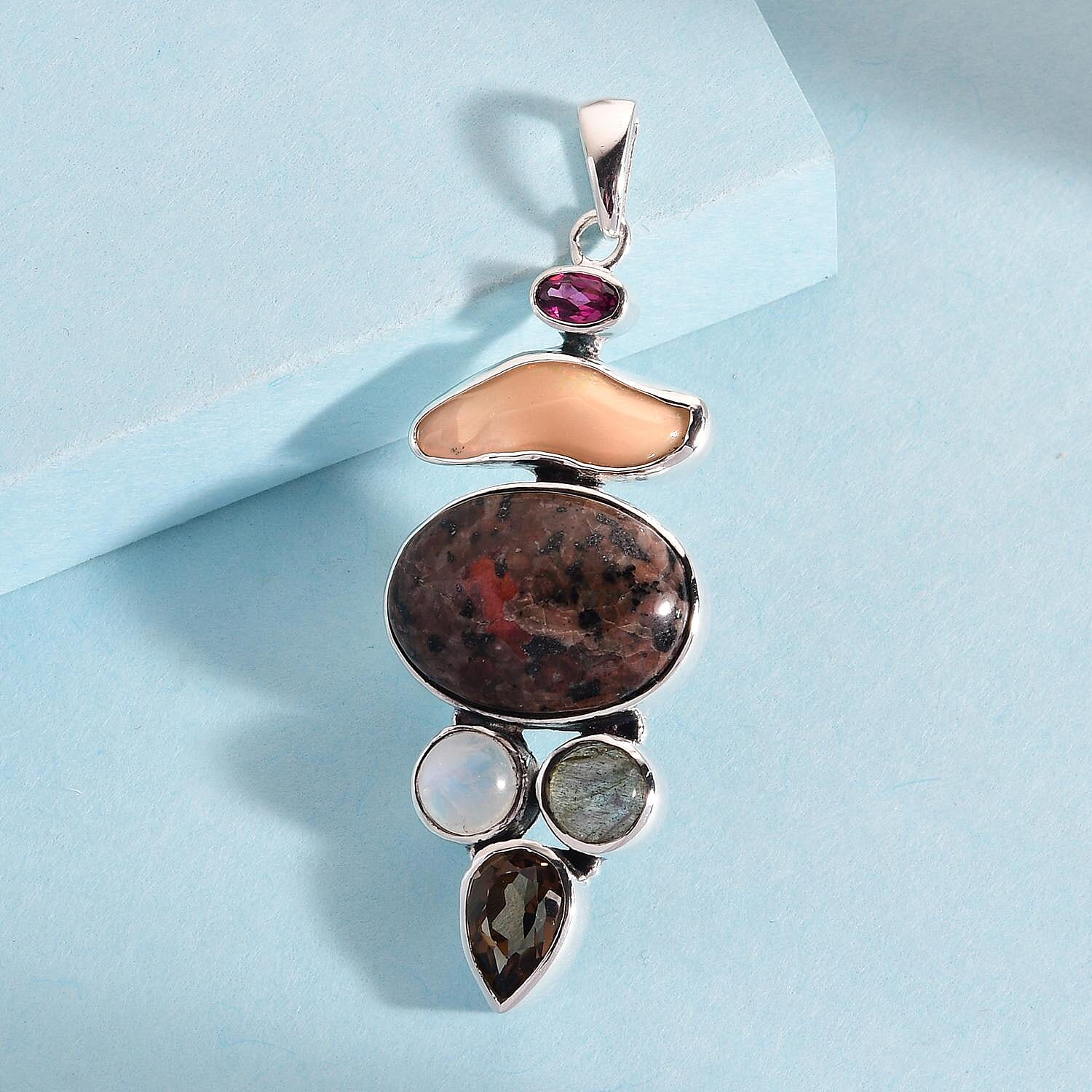 Artisan Crafted Natural Yooperlite and Multi Gemstone Fancy Pendant in Sterling Silver 17.90 ctw with Free UV Flash Light