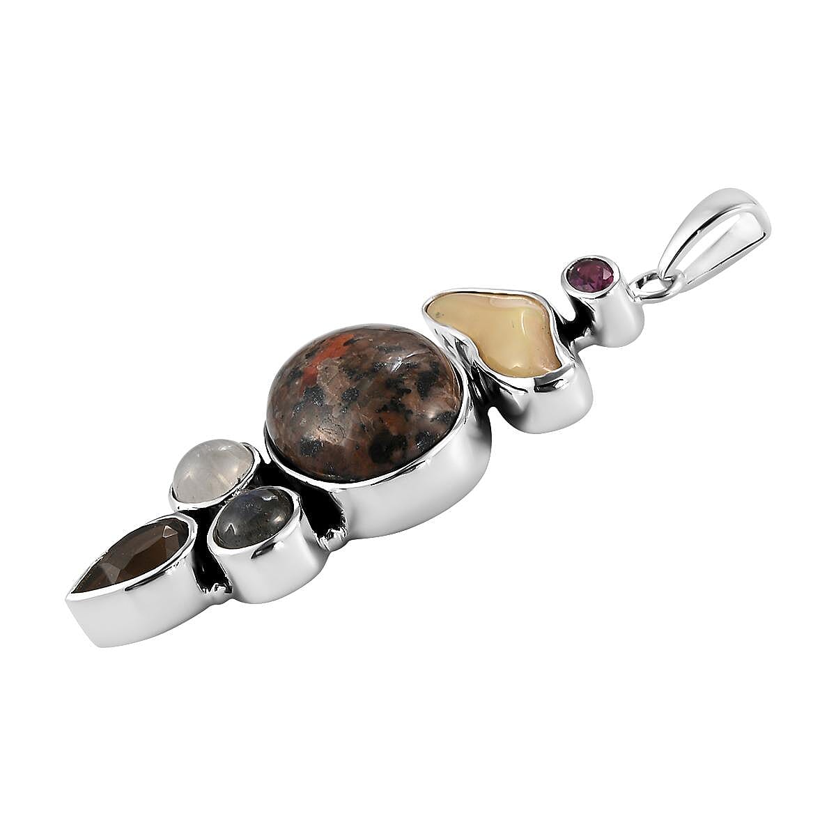 Artisan Crafted Natural Yooperlite and Multi Gemstone Fancy Pendant in Sterling Silver 17.90 ctw with Free UV Flash Light