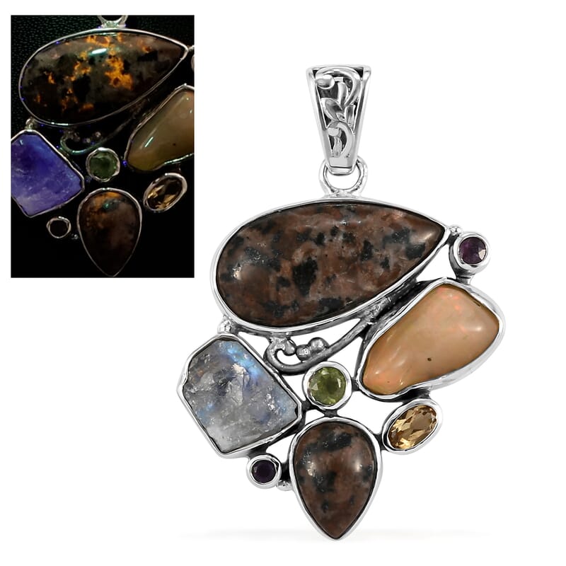 Artisan Crafted Natural Yooperlite and Multi Gemstone Fancy Pendant in Sterling Silver 14.75 ctw with Free UV Flash Light