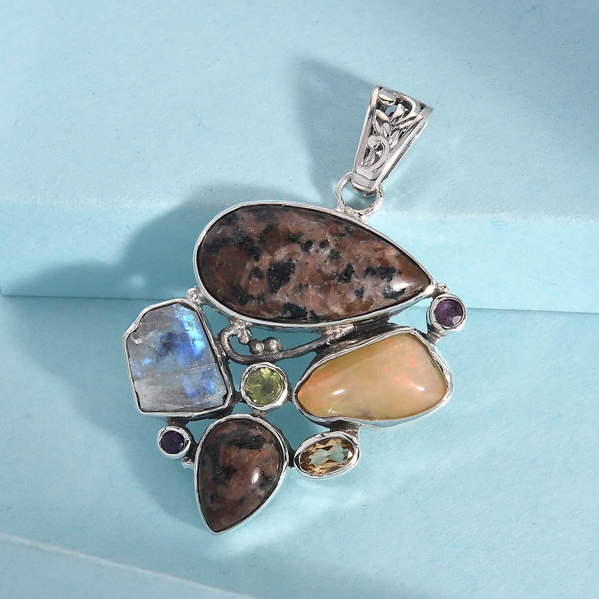 Artisan Crafted Natural Yooperlite and Multi Gemstone Fancy Pendant in Sterling Silver 14.75 ctw with Free UV Flash Light image number 1