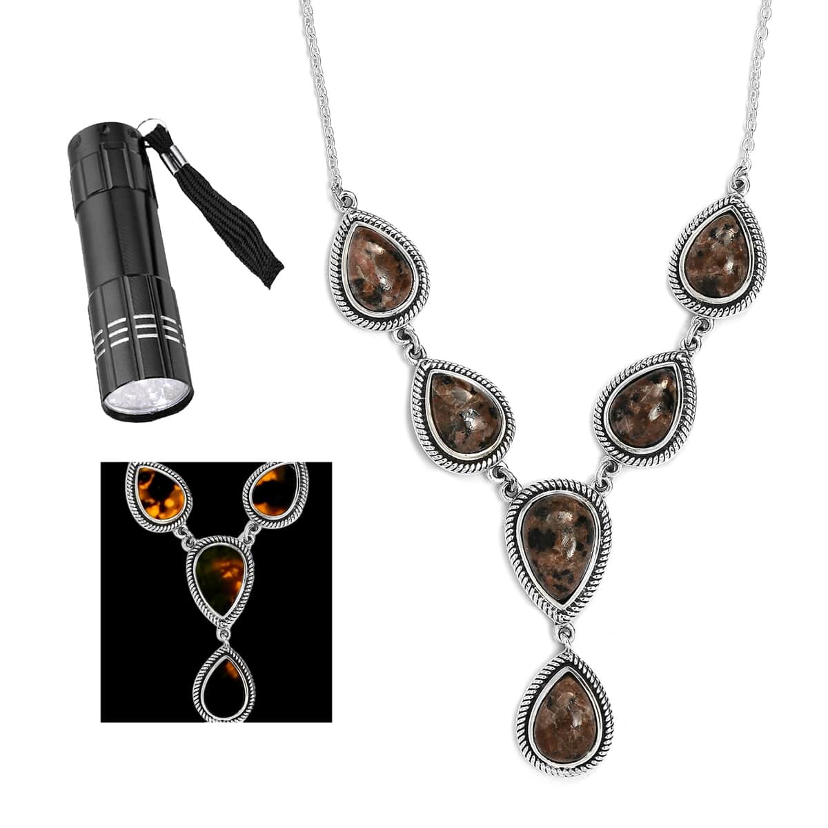 Artisan Crafted Natural Yooperlite Fancy Necklace 18 Inches in Sterling Silver 12.65 ctw with Free UV Flash Light image number 0