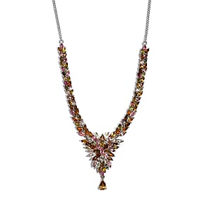 Multi-Tourmaline Floral Spray Necklace 18 Inches in Platinum Over Sterling Silver 11.10 ctw