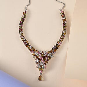 Multi-Tourmaline Floral Spray Necklace 18 Inches in Platinum Over Sterling Silver 11.10 ctw