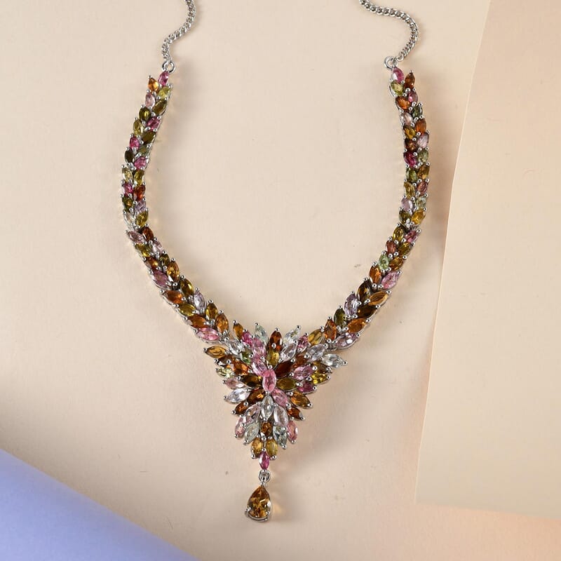 Multi-Tourmaline Floral Spray Necklace 18 Inches in Platinum Over Sterling Silver 11.10 ctw