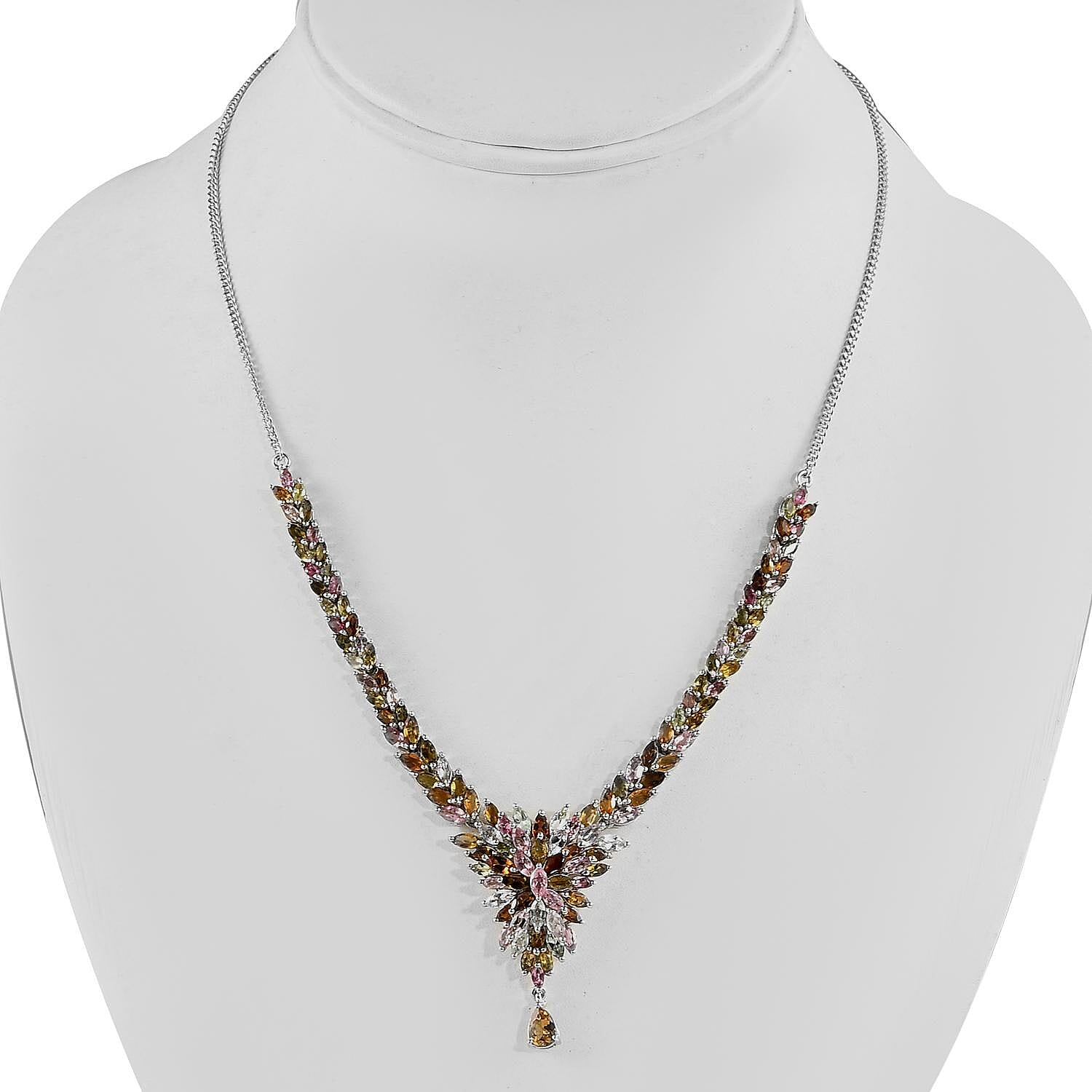 Multi-Tourmaline Floral Spray Necklace 18 Inches in Platinum Over Sterling Silver 11.10 ctw
