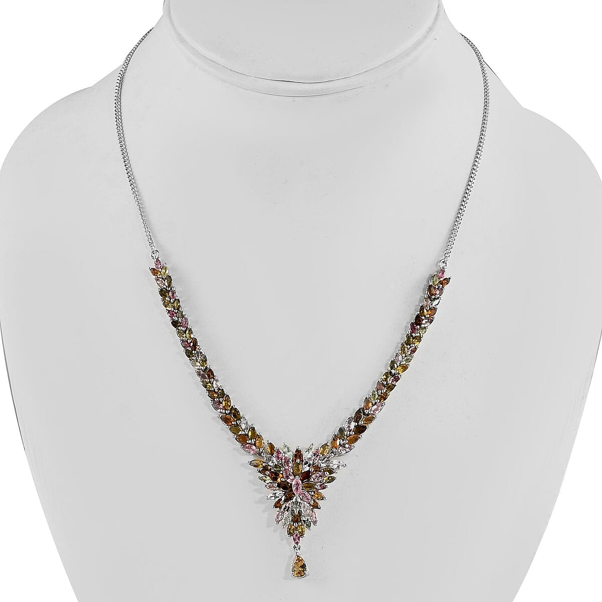 Multi-Tourmaline Floral Spray Necklace 18 Inches in Platinum Over Sterling Silver 11.10 ctw image number 2