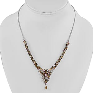 Multi-Tourmaline Floral Spray Necklace 18 Inches in Platinum Over Sterling Silver 11.10 ctw
