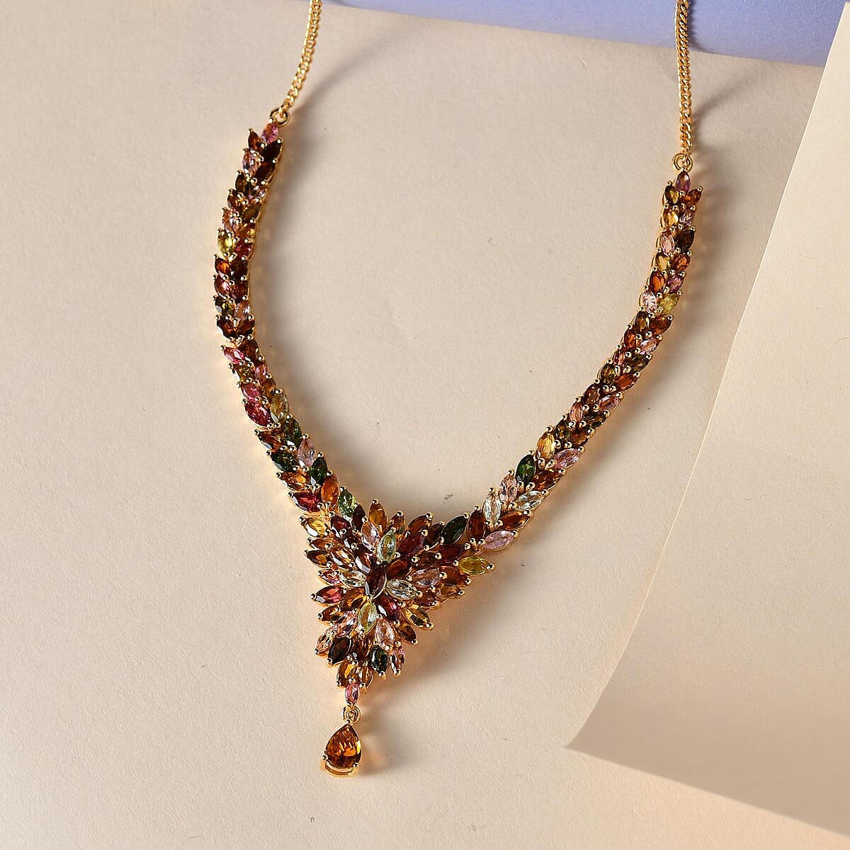 Multi-Tourmaline Floral Spray Necklace 18 Inches in Vermeil Yellow Gold Over Sterling Silver 17.10 Grams 11.10 ctw image number 1