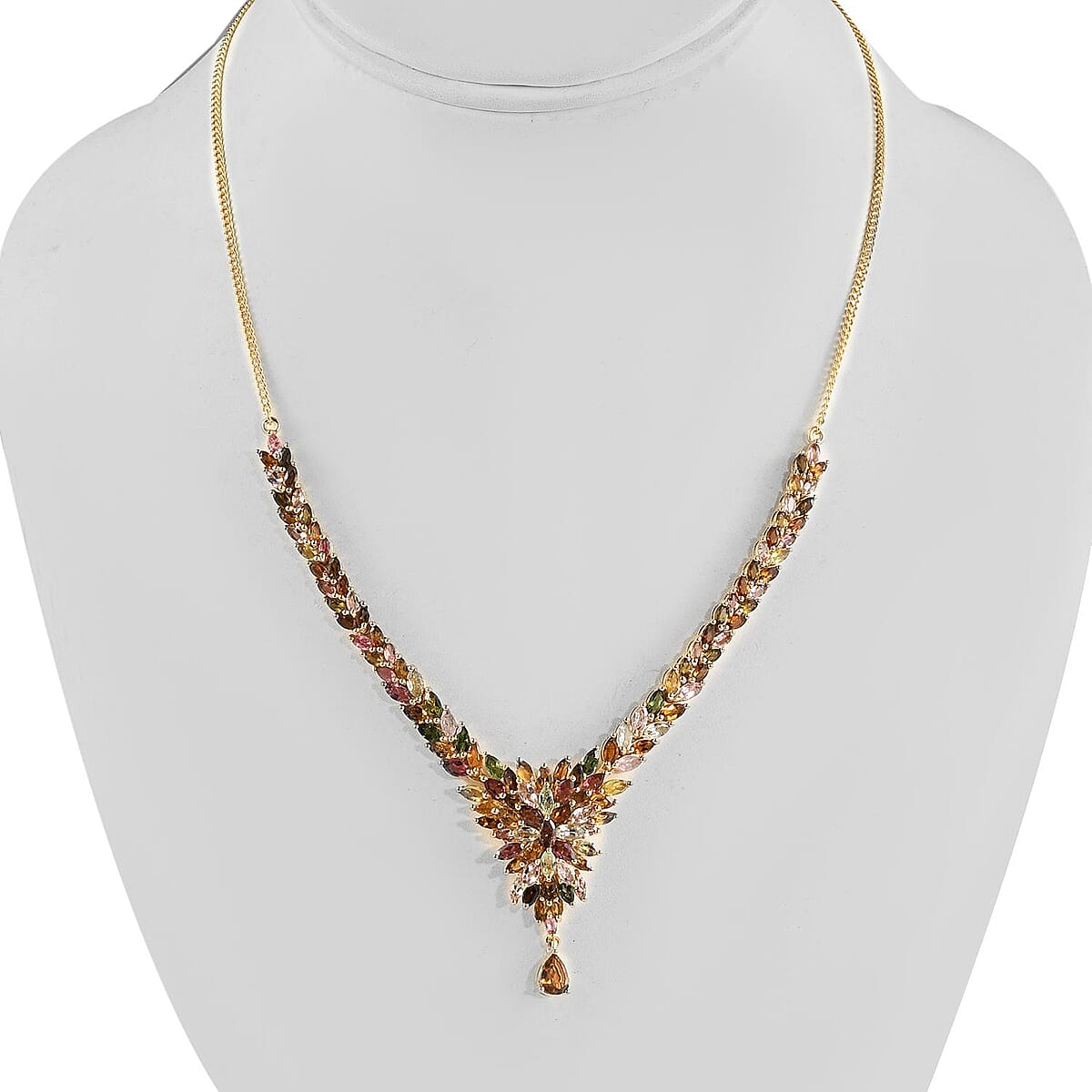 Multi-Tourmaline Floral Spray Necklace 18 Inches in Vermeil Yellow Gold Over Sterling Silver 17.10 Grams 11.10 ctw image number 2