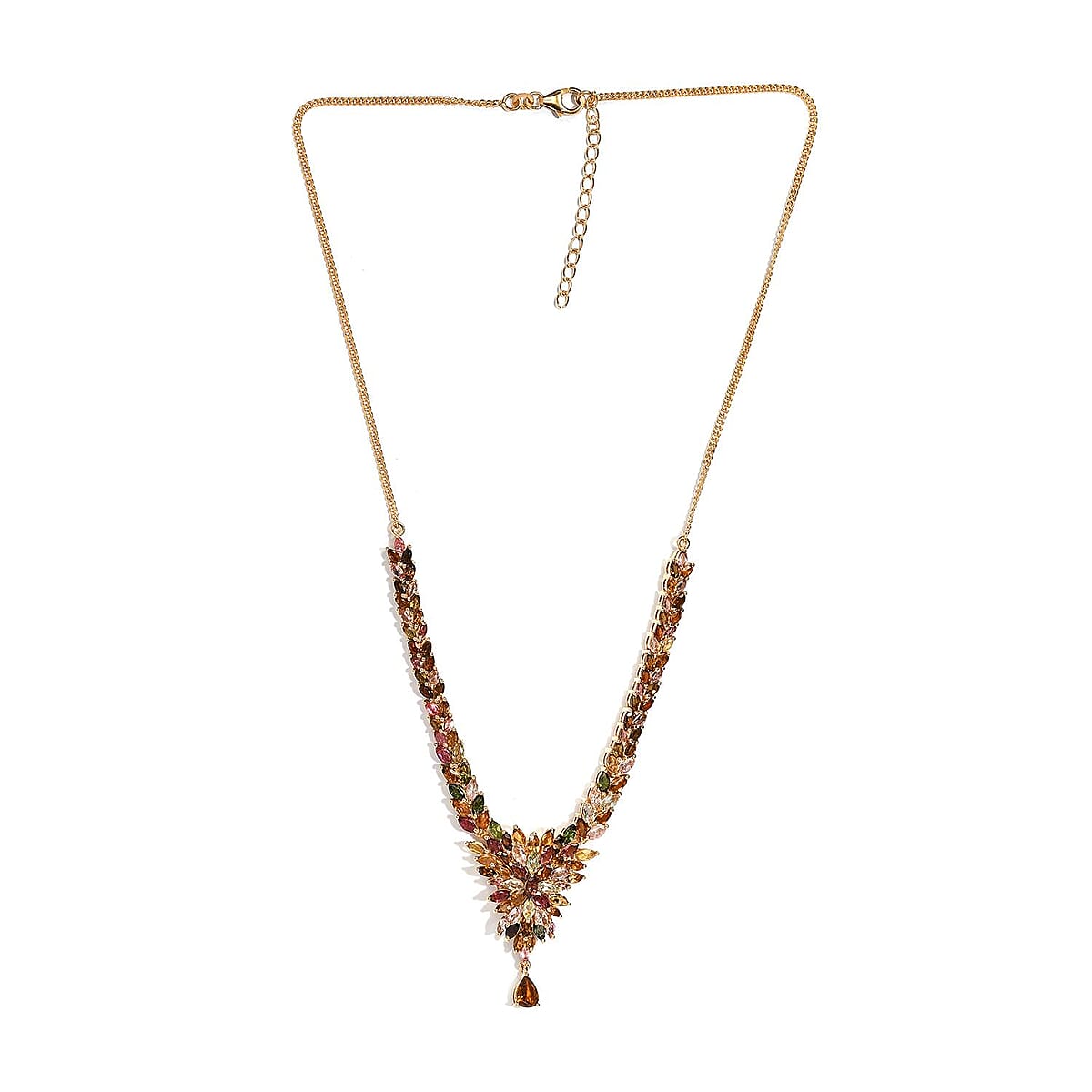 Multi-Tourmaline Floral Spray Necklace 18 Inches in Vermeil Yellow Gold Over Sterling Silver 17.10 Grams 11.10 ctw image number 3