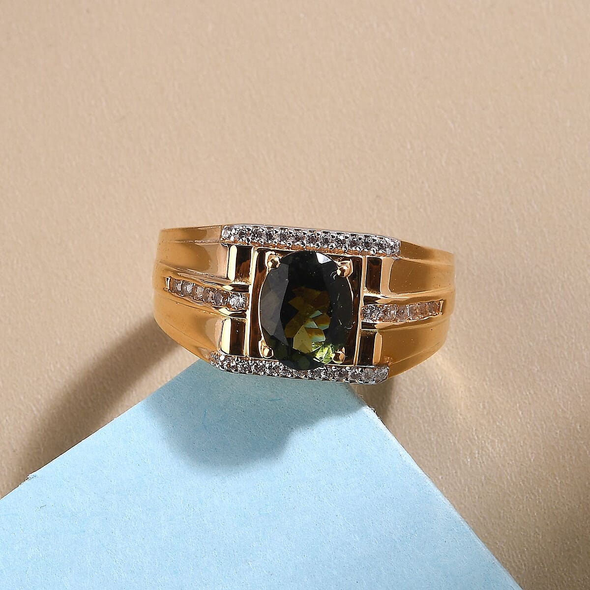 Bohemian Moldavite and Natural White Zircon Men's Ring in Vermeil Yellow Gold Over Sterling Silver (Size 10.0) 8.20 Grams 1.90 ctw image number 1