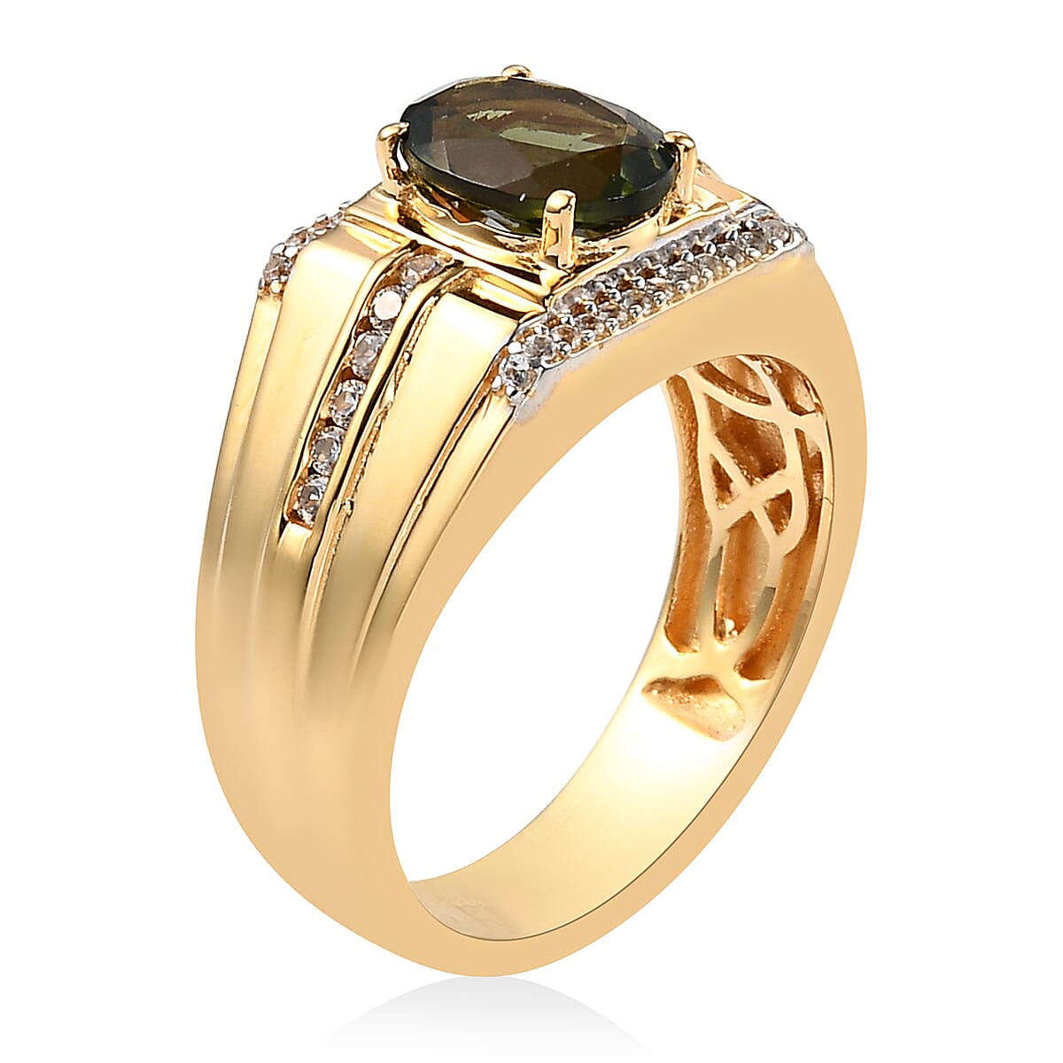 Bohemian Moldavite and Natural White Zircon Men's Ring in Vermeil Yellow Gold Over Sterling Silver (Size 10.0) 8.20 Grams 1.90 ctw image number 3