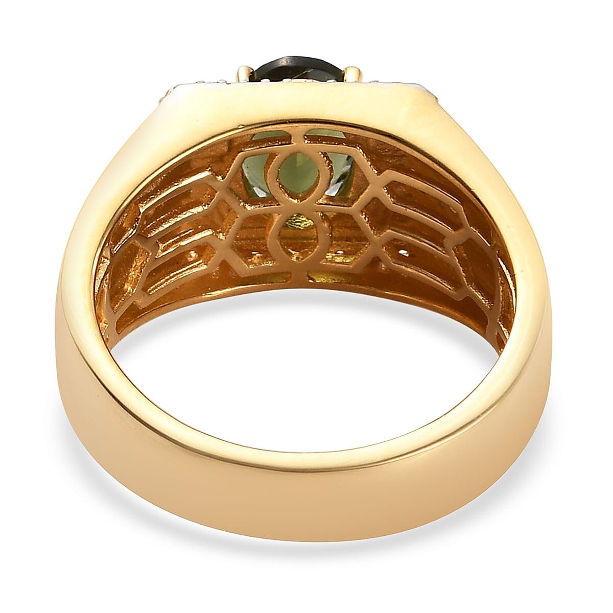 Bohemian Moldavite and Natural White Zircon Men's Ring in Vermeil Yellow Gold Over Sterling Silver (Size 10.0) 8.20 Grams 1.90 ctw image number 4