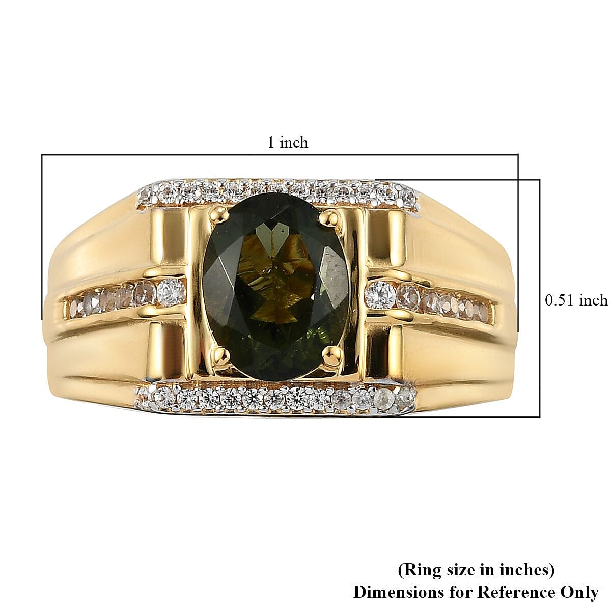 Bohemian Moldavite and Natural White Zircon Men's Ring in Vermeil Yellow Gold Over Sterling Silver (Size 10.0) 8.20 Grams 1.90 ctw image number 5