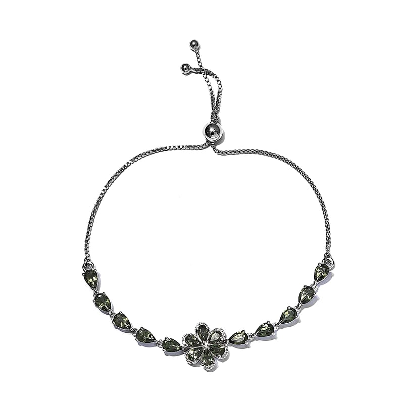 AAA Bohemian Moldavite and White Zircon 4.35 ctw Bolo Bracelet in Platinum Over Sterling Silver