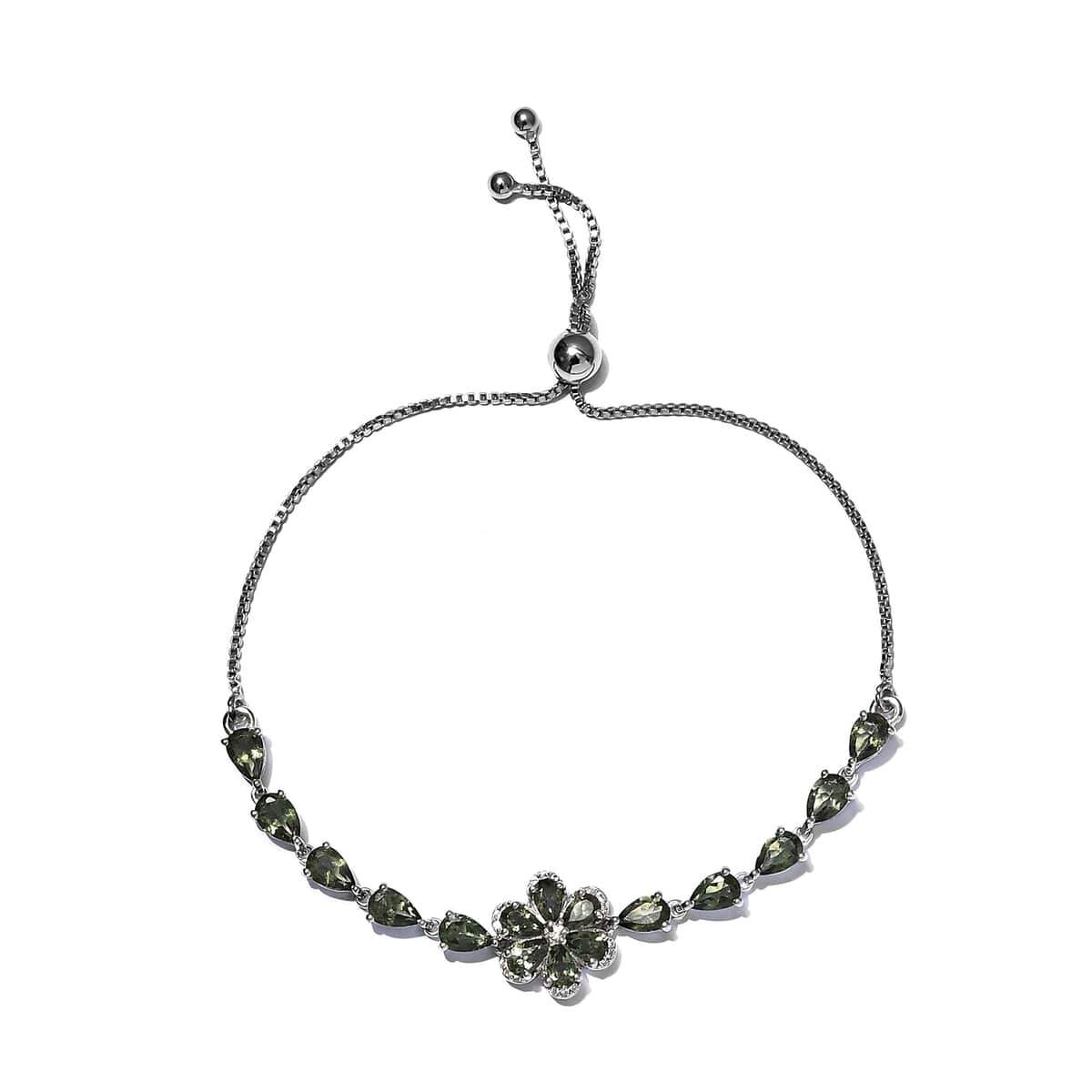 AAA Bohemian Moldavite and White Zircon Bolo Bracelet in Platinum Over Sterling Silver 4.35 ctw image number 0