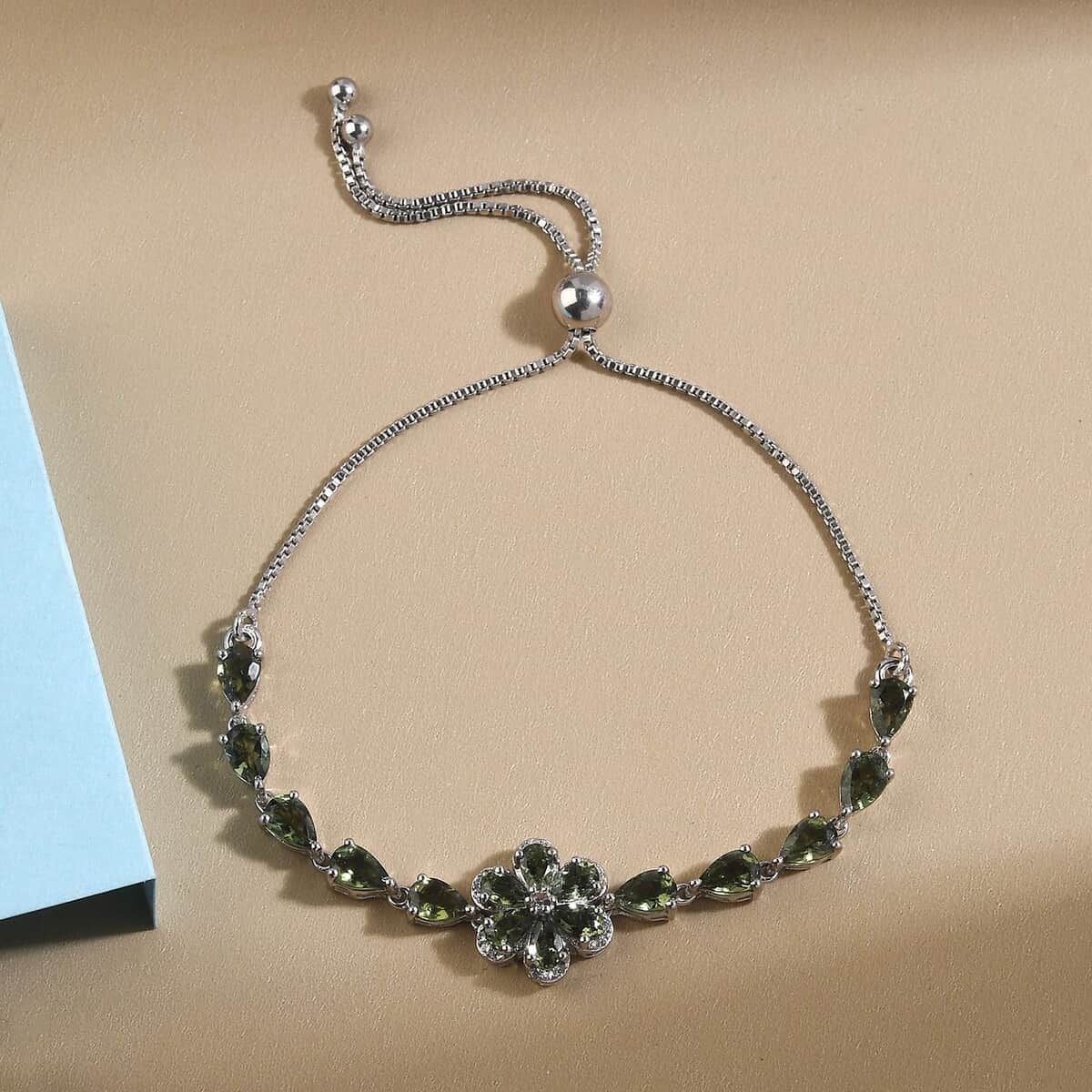 AAA Bohemian Moldavite and White Zircon Bolo Bracelet in Platinum Over Sterling Silver 4.35 ctw image number 1