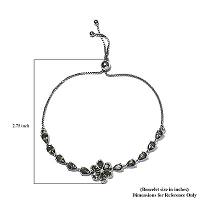 AAA Bohemian Moldavite and White Zircon 4.35 ctw Bolo Bracelet in Platinum Over Sterling Silver