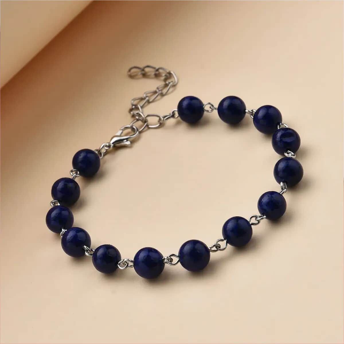 Lapis Lazuli Beaded Anklet 8-11 Inches in Silvertone 48.00 ctw image number 1