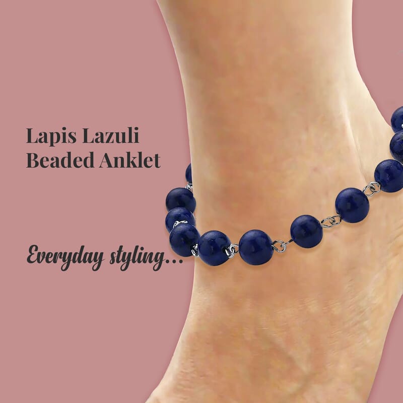 Lapis Lazuli Beaded Anklet 8-11 Inches in Silvertone 48.00 ctw