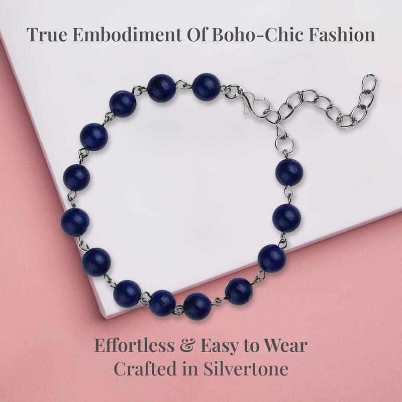 Lapis Lazuli Beaded Anklet 8-11 Inches in Silvertone 48.00 ctw