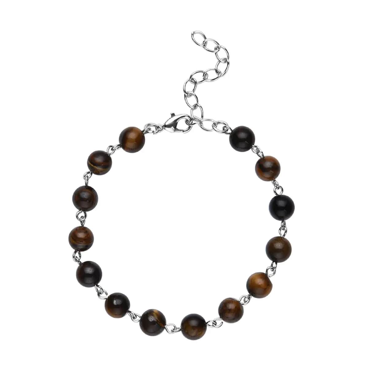 Yellow Tiger's Eye Beaded Anklet 8-11 Inches in Silvertone 48.00 ctw image number 0