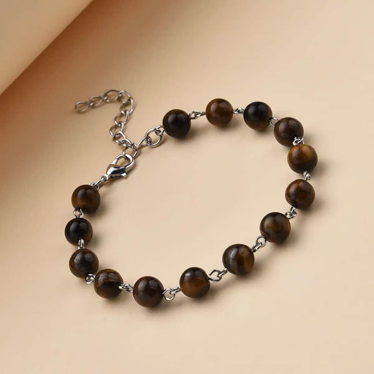 Yellow Tiger's Eye Beaded Anklet 8-11 Inches in Silvertone 48.00 ctw image number 1